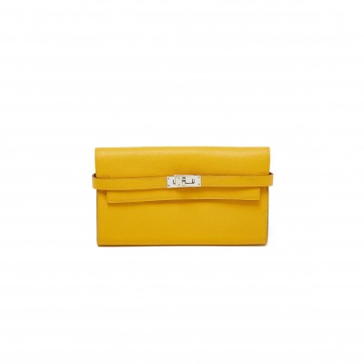 HERMES JAUNE EPSOM LEATHER KELLY LONGUE WALLET PALLADIUM HARDWARE (20*12*2cm)
